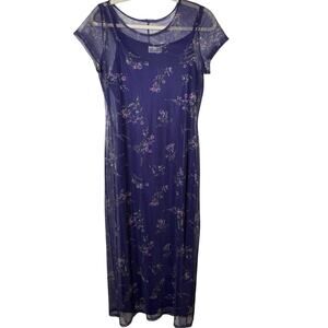 Vtg 90s Mirrors Purple Ditsy Floral Layered Mesh Maxi Dress Back Slit Fits L Alt